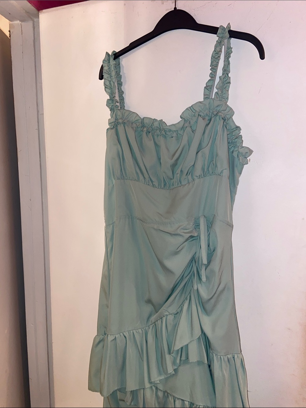 SHEIN Sage Green Ruffled Asymmetrical Slip Dress
